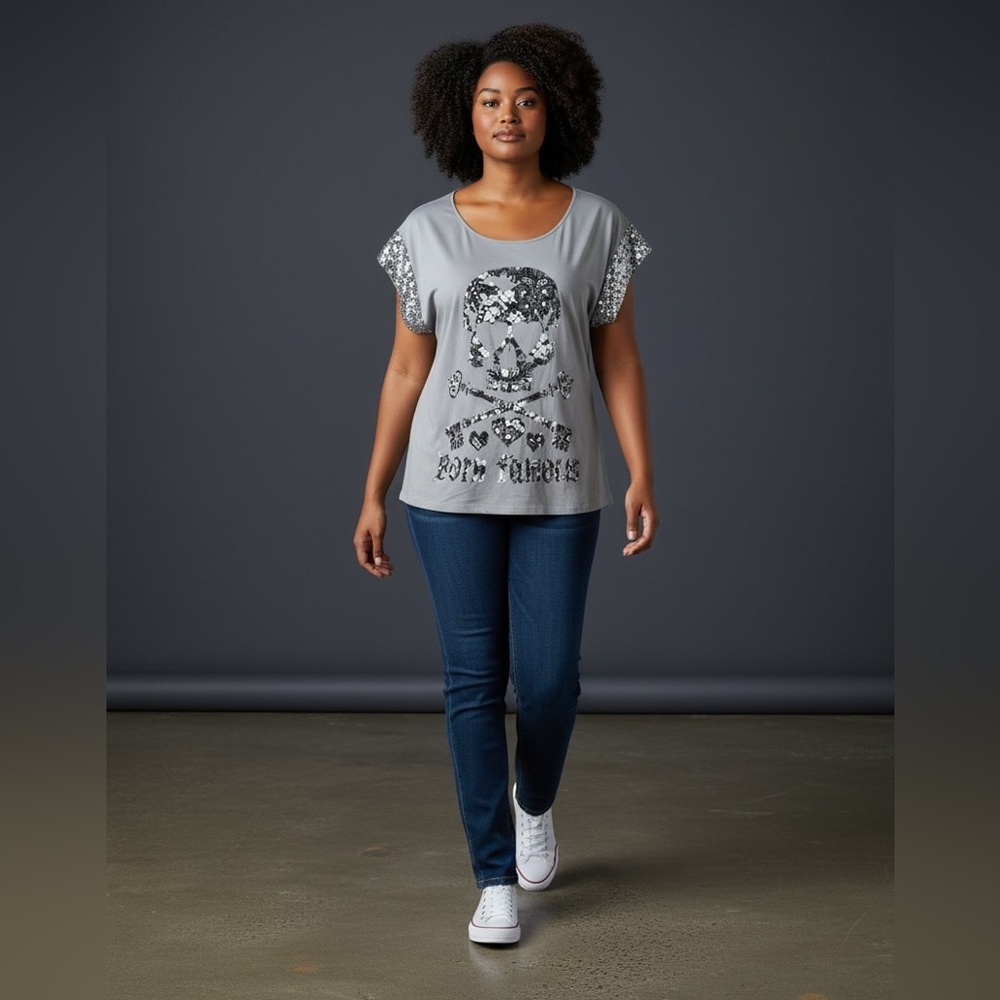 Born Famous Couture gray mosaic skull short sleeves Fully lined tshirt sz 3X - Picture 2 of 4